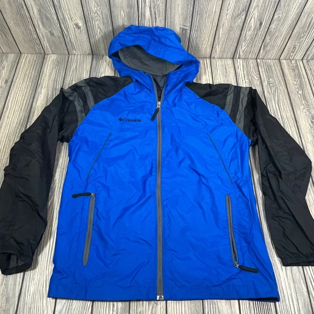 Columbia Windbreaker Rain Jacket Youth Size 18/20 Blue Black Hooded Full Zip